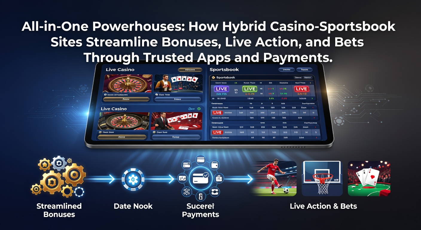 Schermafbeelding van een hybride casino-sportsbook app met live weddenschappen en slots in actie