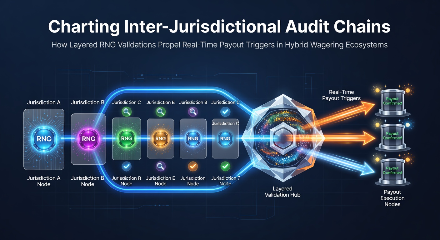 Diagram dat interjurisdictionele auditketens en gelaagde RNG-validaties in hybride casino-sportsbook systemen illustreert