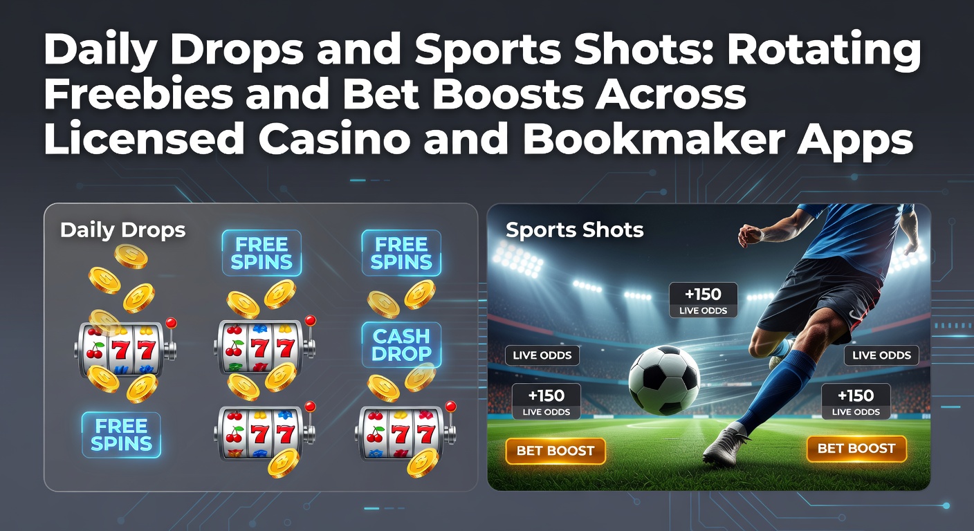 Schermafbeelding van een mobiele app met dagelijkse drops en sports shots promoties, inclusief roterende prijzen en bet boosts