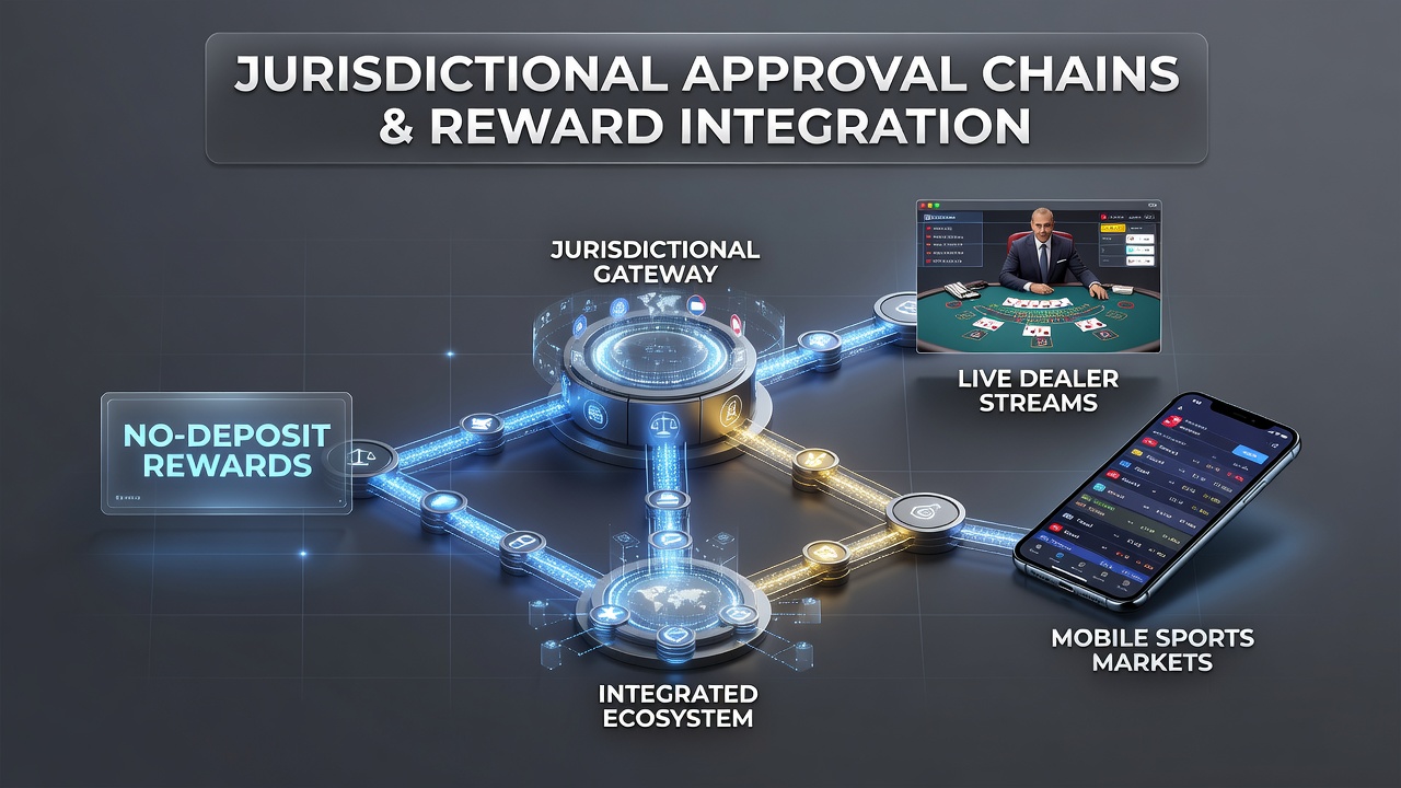 Diagram van jurisdictionele goedkeuringsketens die no-deposit beloningen verbinden met live dealer en mobiele sportmarkten