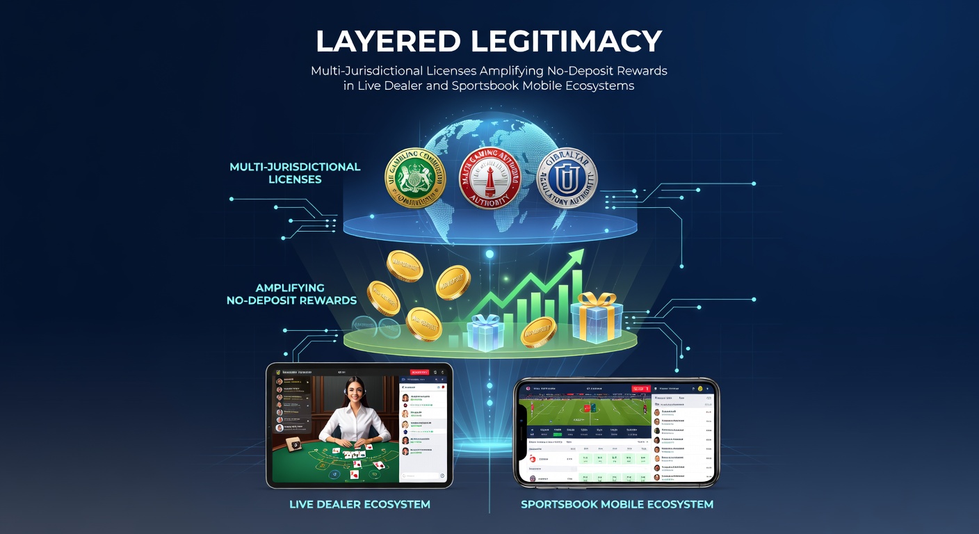 Grafiek die multi-jurisdictie licenties toont met overlappende beloningsstromen in mobiele gokapps, inclusief live dealer tafels en sportsbook odds