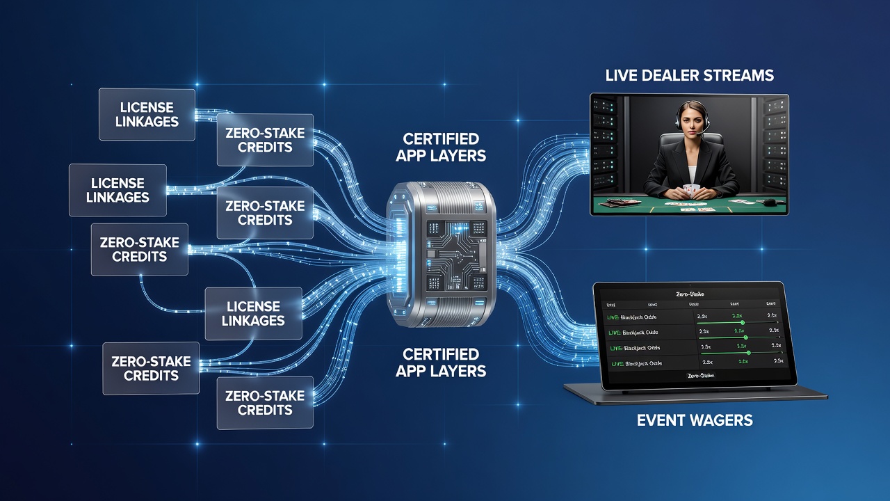 Diagram van licentiekoppelingen tussen apps en live dealer platforms