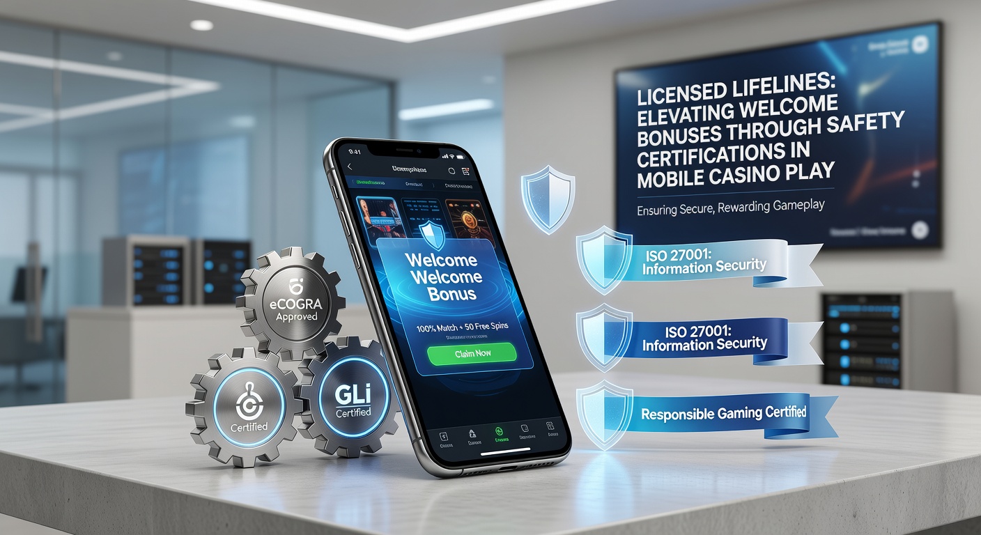 Mobiele casino-app met licentiebadge en welkomstbonus icoon, symboliserend veilige en aantrekkelijke aanbiedingen