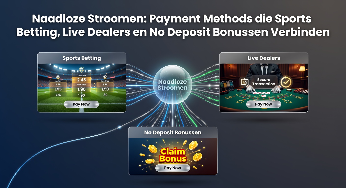 Grafische weergave van naadloze betalingsstromen die sportweddenschappen, live dealer tafels en no deposit bonussen verbinden in een online casino omgeving