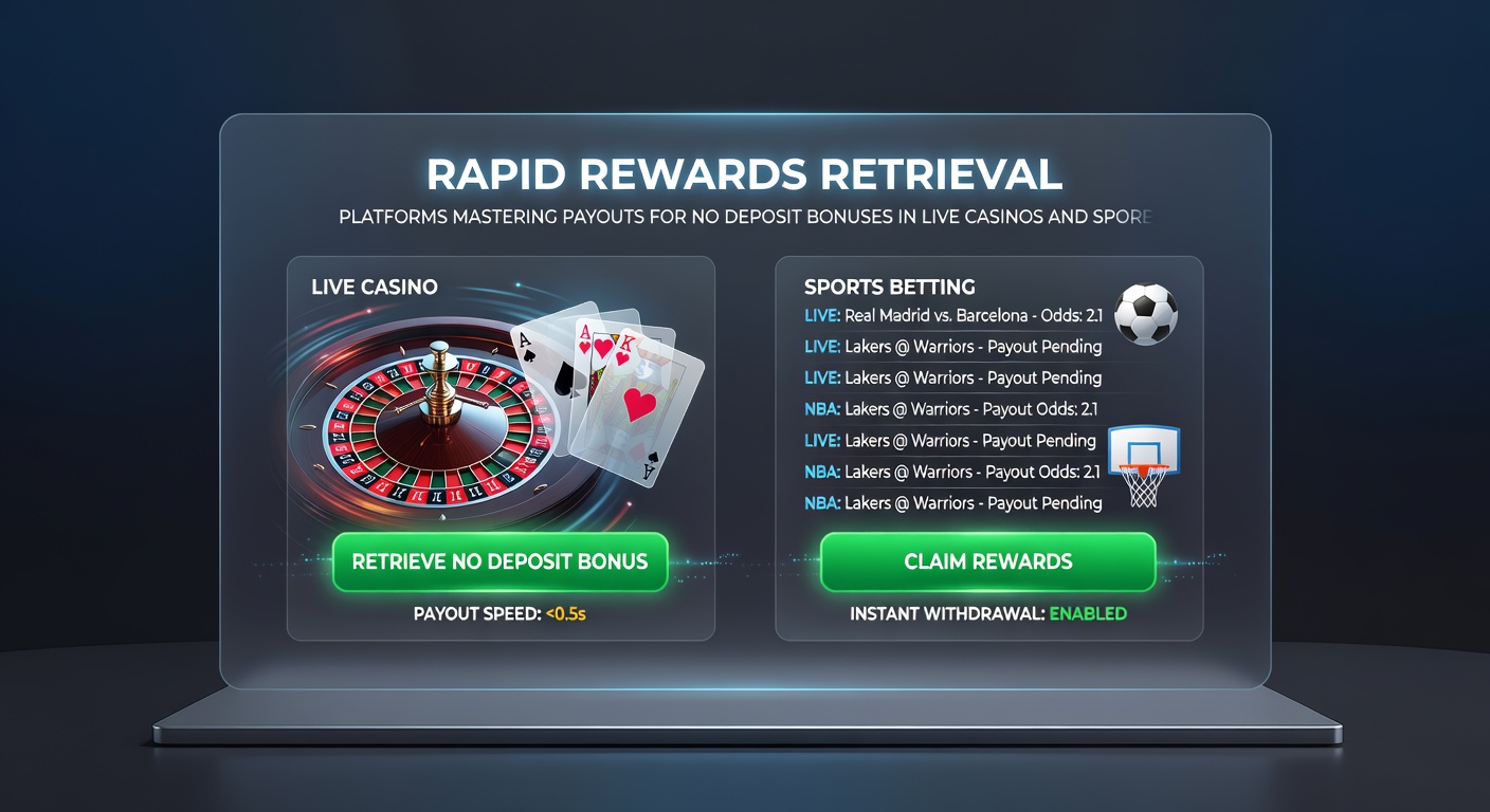 Schermafbeelding van een platformdashboard met live casino tafels, sportweddenschappen en een klok die ultra-snelle uitbetalingen aangeeft voor no-deposit winsten