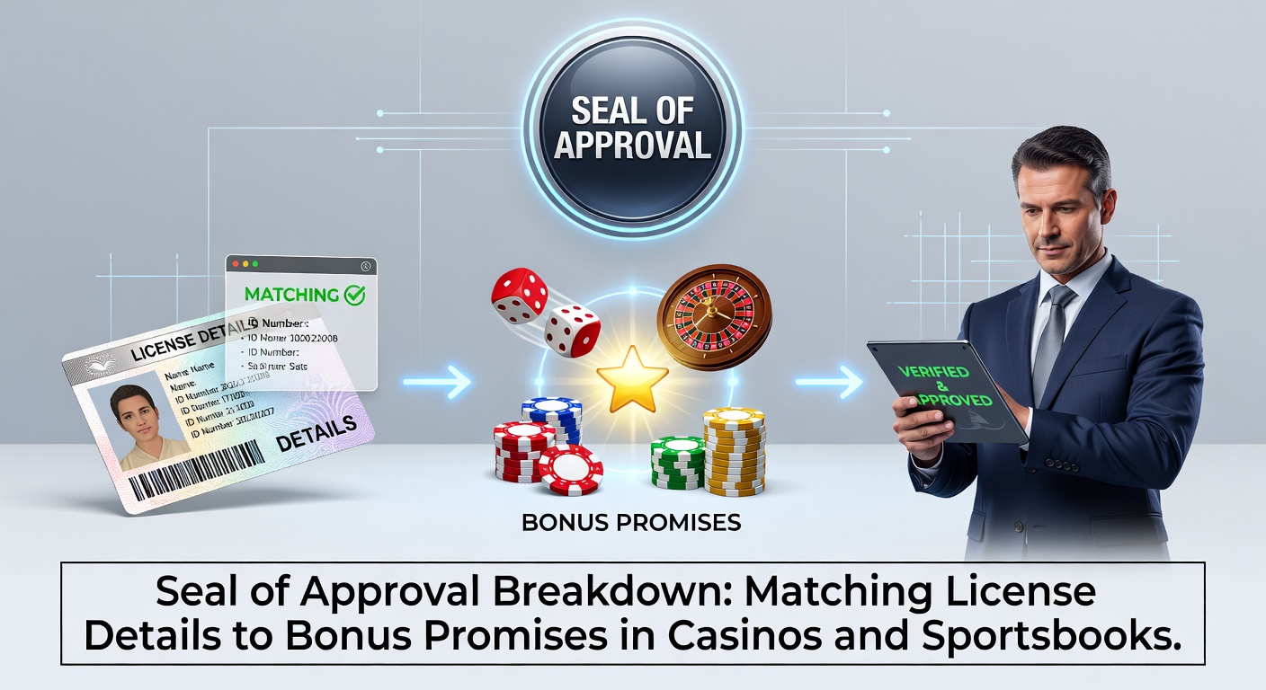 Afbeelding van een officieel keurmerk en licentiedocumenten naast casino bonussen en sportsbook odds, symboliserend controle op beloften