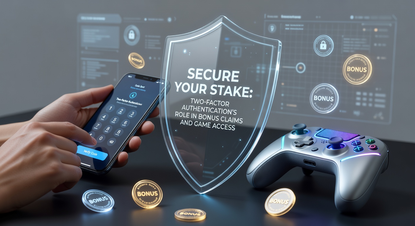 Afbeelding van een smartphone met 2FA-code en casino-interface op de achtergrond, symboliserend veilige toegang tot bonussen en spellen