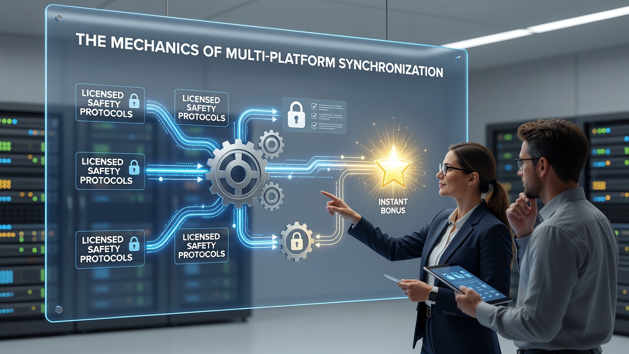 Diagram van realtime dataflow tussen gelicentieerde casino- en sportplatforms met bonusvalidatie