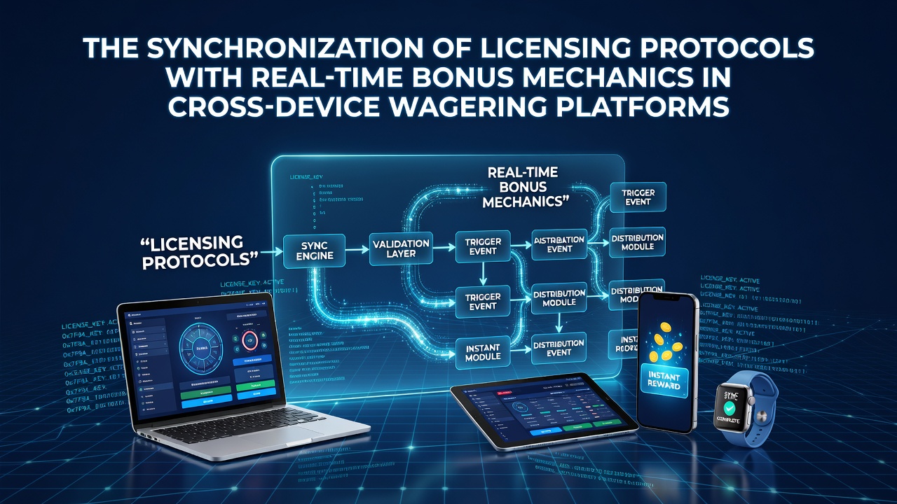 Diagram dat licentieprotocollen en real-time bonusmechanismen in cross-device platforms illustreert
