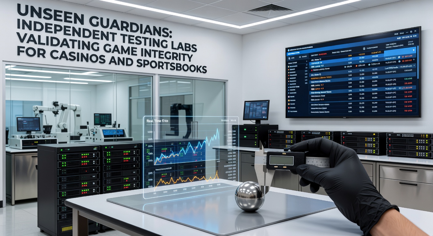 Grafische weergave van een testlab dat casino-software controleert op eerlijkheid, met RNG-algoritmes en certificeringszegels in de schijnwerpers
