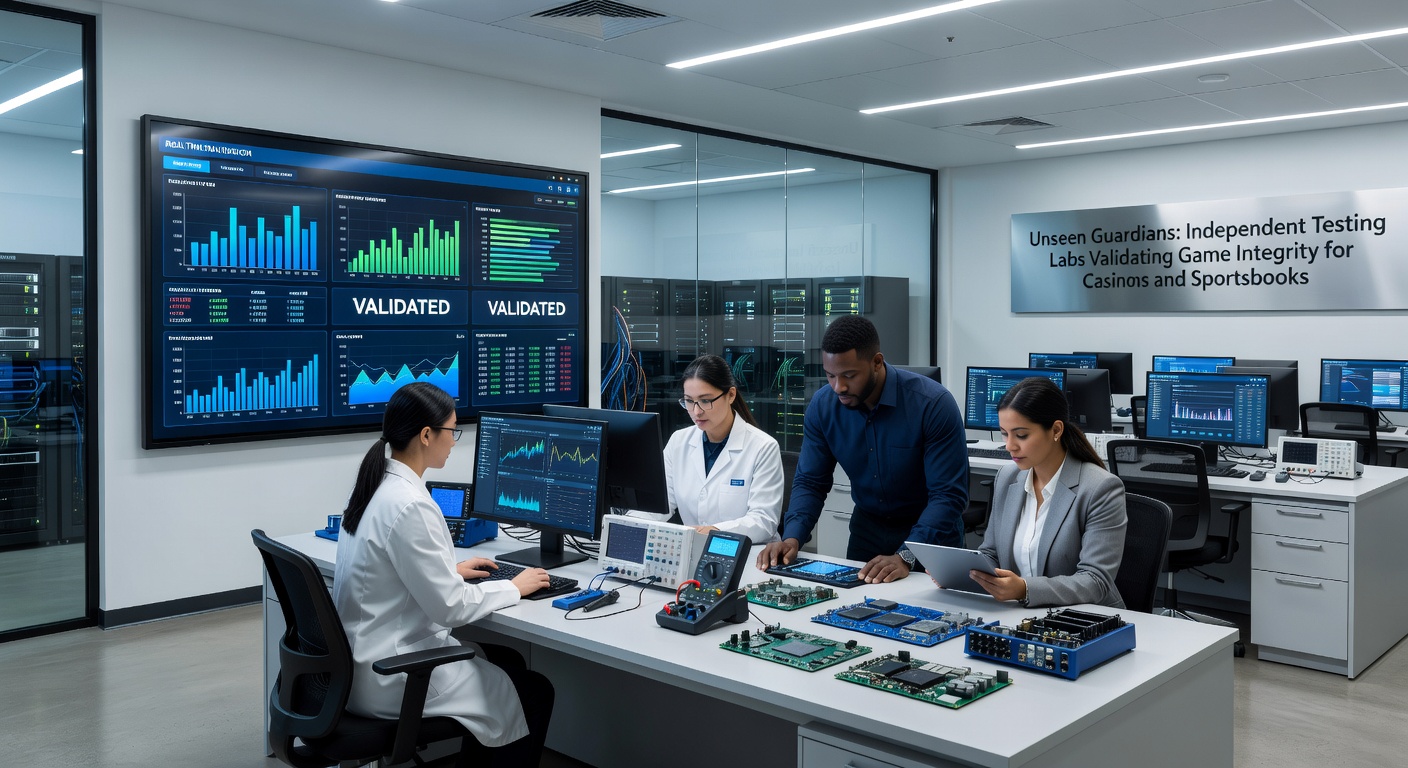 Illustratie van testingenieurs aan het werk in een lab, met schermen vol grafieken van RNG-tests en certificaatuitreiking aan een casino-platform