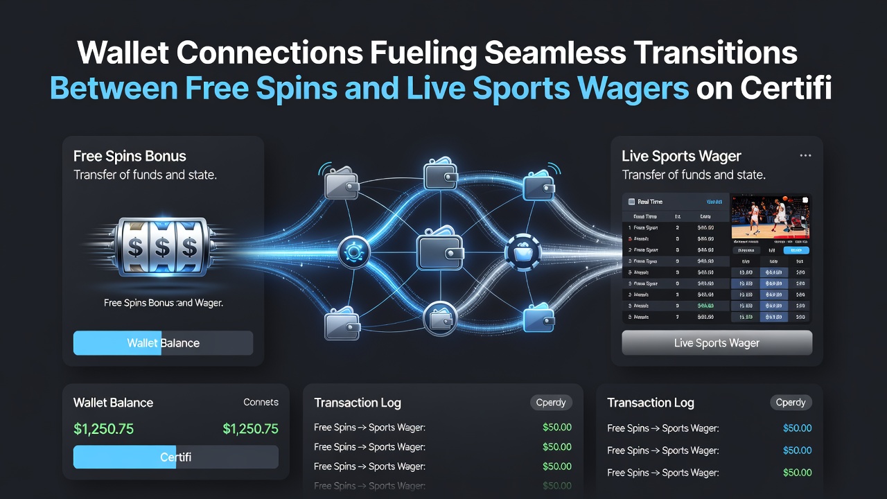 Mobiele app scherm met naadloze overgang van casino spins naar sportweddenschap via wallet